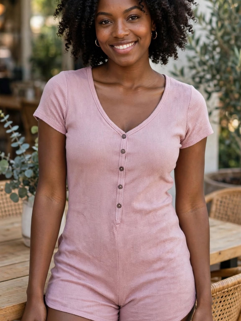 Bozzolo Dusty Pink Ribbed Henley Romper
